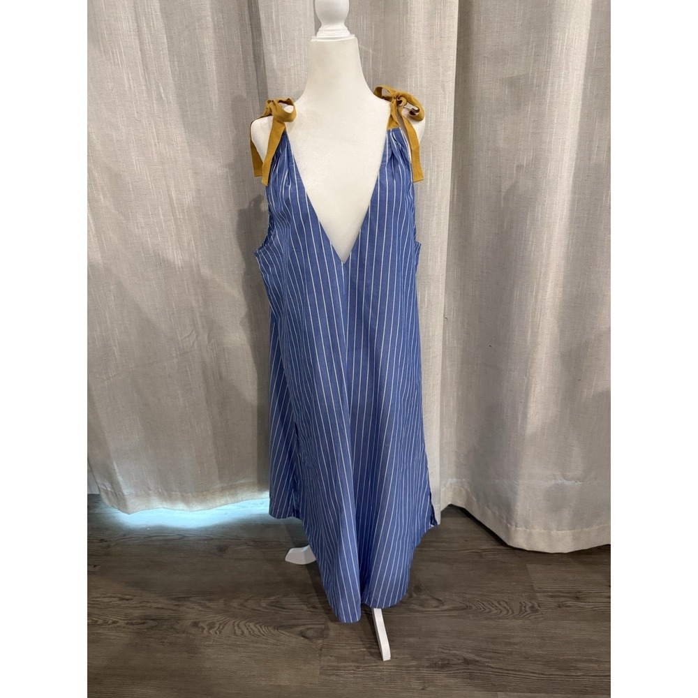 Matilda Jane Dress Medium Blue Sandy Seashell Cover Up Striped Tie Shoulder NWT
